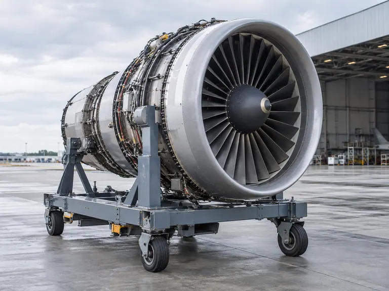 A jet engine secured on a wheeled transport stand outside an aircraft hangar.