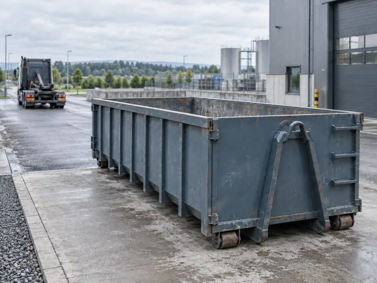 A roll-off waste container left at an industrial site as its transport truck drives away.